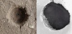 Left: 3mm crater electrically etched in sandstone. Credit: C. J. Ransom, VEMASAT Labs.
Right: 150 meter Martian “skylight”. Original image credit: NASA/JPL/University of Arizona