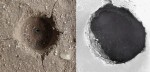 Left: 3mm crater electrically etched in sandstone. Credit: C. J. Ransom, VEMASAT Labs.
Right: 150 meter Martian “skylight”. Original image credit: NASA/JPL/University of Arizona