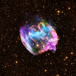 Supernova remnant W49B. X-ray in blue and green, radio in pink, optical in yellow. Credit: X-ray: NASA/CXC/MIT/L.Lopez et al.; Infrared: Palomar; Radio: NSF/NRAO/VLA