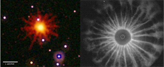 Left: Gamma Ray Burst (GRB) 110328A. Right: Plasma focus penumbra and filaments