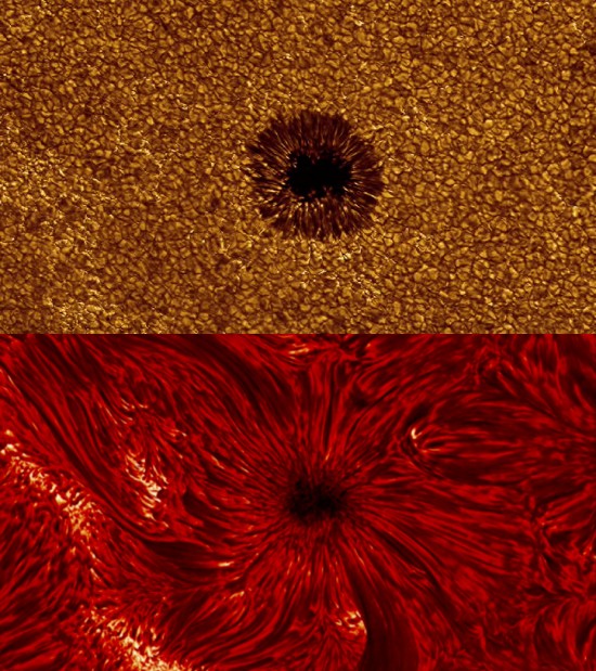 Two views of a sunspot at different wavelengths
