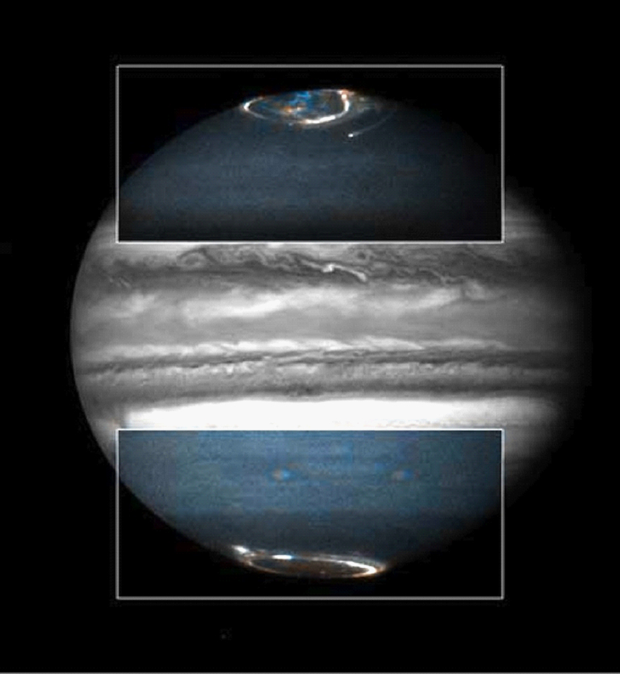 Combined Hubble camera images of Jupiter's polar aurorae