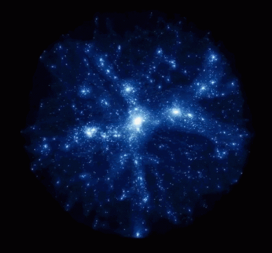 A visualization of the dark matter halo surrounding a large cluster of galaxies.
