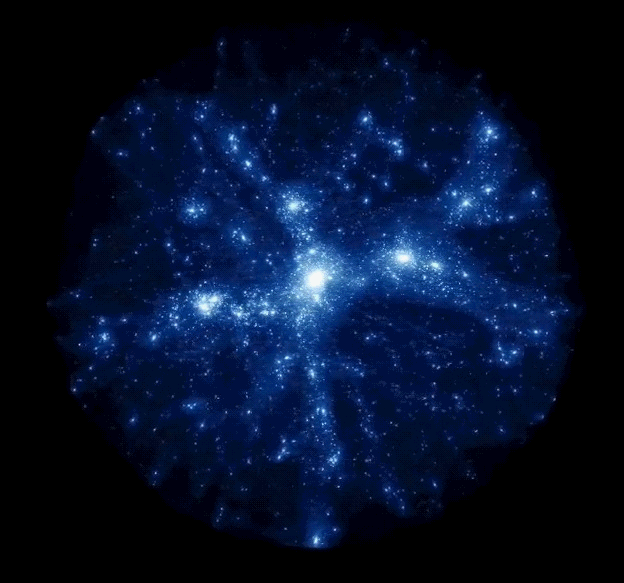 A visualization of the dark matter halo surrounding a large cluster of galaxies.
