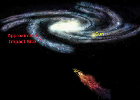 A massive cloud of hydrogen is pictured on a collision course