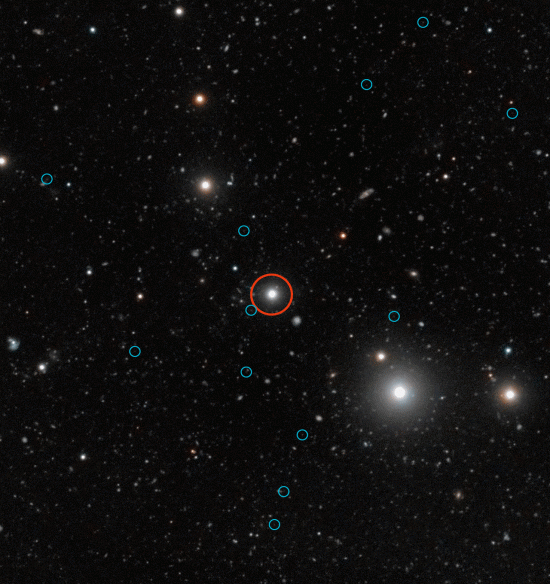 Blue circles mark the dark galaxies that are theoretically illuminated by the red-circled quasar. Credit: ESO, Digitized Sky Survey 2 and S. Cantalupo (UCSC)