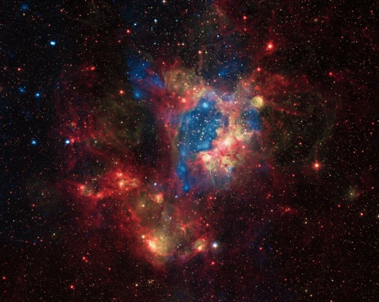 A superbubble in the gas (or is it plasma?) of the Large Magellanic Cloud, a satellite galaxy (or is it a plasma discharge fragment?) of the Milky Way.  Credit: X-ray: NASA/CXC/U.Mich./S.Oey, IR: NASA/JPL, Optical: ESO/WFI/2.2-m