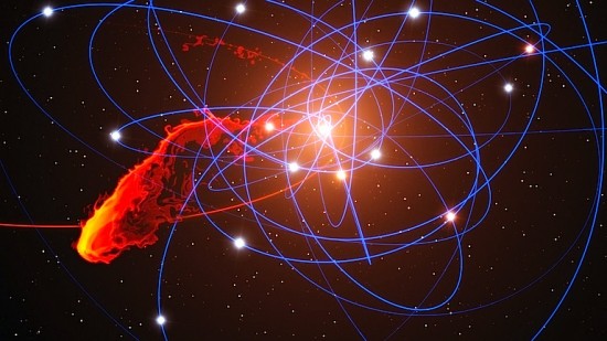 Simulated position of the gas cloud's orbit (shown in red). Credit: ESO/MPE/Marc Schartmann 