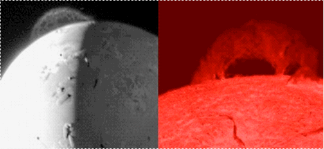 Left: Tvashtar “volcanic plume” on Io. Credit: NASA/New Horizons mission. Right: Solar prominence. Credit: NASA/Marshall Spaceflight Center.