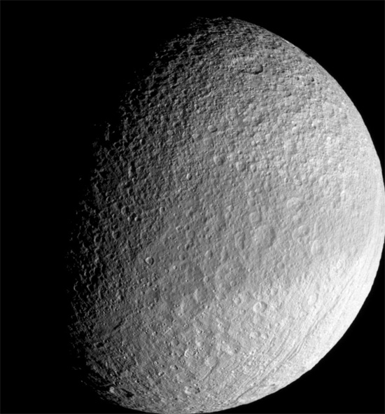 A faint band of color on Saturn's moon Tethys. Credit: NASA/JPL/Space Science Institute.