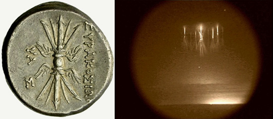 (Left): The Classic image of the winged thunderbolt as shown on the reverse of an 8-litra coin from Syracuse, Sicily, Italy (214-212 BCE). (Right): Sprites over thunderstorms in Kansas, August 10, 2000, observed in the mesosphere, approximately 50 to 90 kilometers above the surface. Their true colour is pink-red. © Walter Lyons, FMA Research, Fort Collins, Colorado, United States of America/NASA