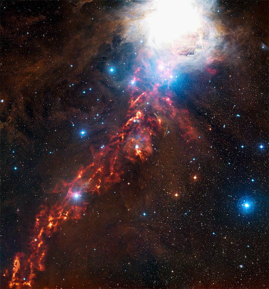 Cold Birkeland current feeding into the pinch point of the Orion Nebula (M42) in the Orion Molecular Cloud.Credit: ESO/Digitized Sky Survey 2