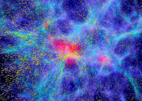 Computer simulation showing galaxies around a massive supercluster of galaxies as it forms. Credit: Klaus Dolag and the VVDS team.