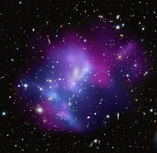 Composite image of galaxy cluster MACSJ0717.5+3745 from HST and Chandra. Credit: X-ray (NASA/CXC/IfA/C. Ma et al.); Optical (NASA/STScI/IfA/C. Ma et al.)