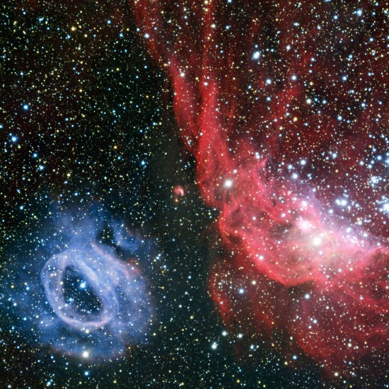 NGC 2020 (left) and NGC 2014 (right) in the Large Magellanic Cloud. Credit: ESO