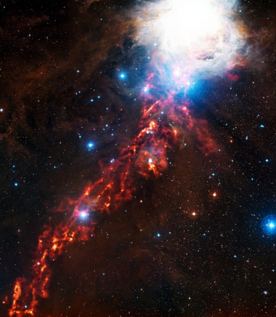 Luminous clouds in the Orion constellation reveal the power of electrified plasma to create ribbons of star formation in the vacuum of interstellar space. Credit: ESO-operated Atacama Pathfinder Experiment (APEX) in Chile.