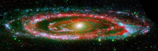 The Andromeda Galaxy (M31) in ultraviolet and infrared. UV: Galaxy Evolution Explorer; Infrared: Spitzer Space Telescope. Credit: NASA/JPL-Caltech