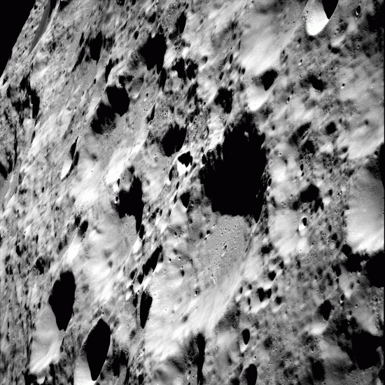 Above the Moon's south pole as seen from Apollo 11.