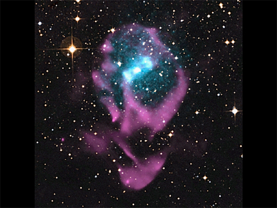 Circinus X-1 in X-rays (blue) and radio (purple). Background is from the Digitized Sky Survey. Credit: X-ray: NASA/CXC/Univ. of Wisconsin-Madison/S. Heinz et al; Optical: DSS; Radio: CSIRO/ATNF/ATCA