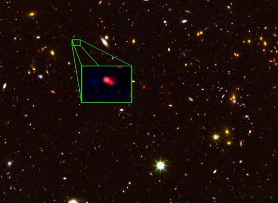 Putative most distant object in the visible Universe, labeled z8_GND_5296. Credit: V. Tilvi, S.L. Finkelstein, C. Papovich, A. Koekemoer, CANDELS, and STSCI/NASA.