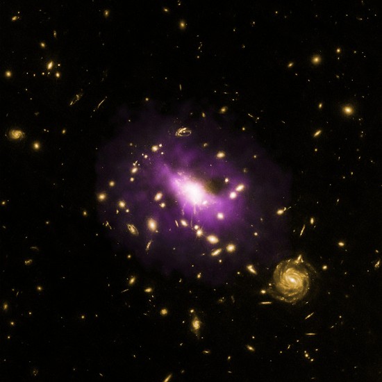 Galaxy cluster RX J1532.9+3021 (RX J1532 for short). X-ray in purple; optical in yellow. Credit: X-ray: NASA/CXC/Stanford/J.Hlavacek-Larrondo et al,  Optical: NASA/ESA/STScI/M.Postman & CLASH team