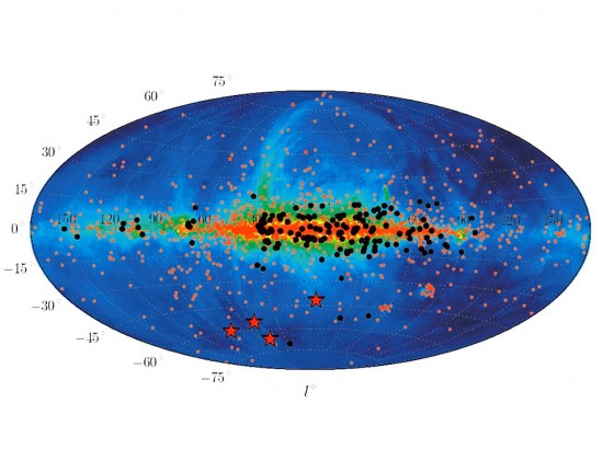 Location of 4 "blitzars" on a radio map of the sky. Credit: MPIfR/C. Ng; Science/D. Thornton et al.