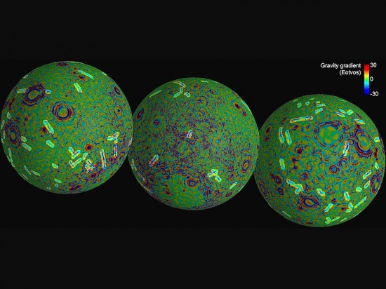 Gravity anomaly map of the Moon. Credit: NASA/JPL-Caltech/CSM