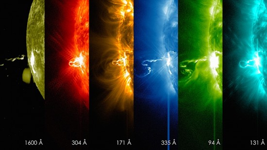 An X4.9 solar flare on February 24, 2014 in multiple light wavelengths. Credit: SDO/NASA Goddard's Scientific Visualization Studio.
