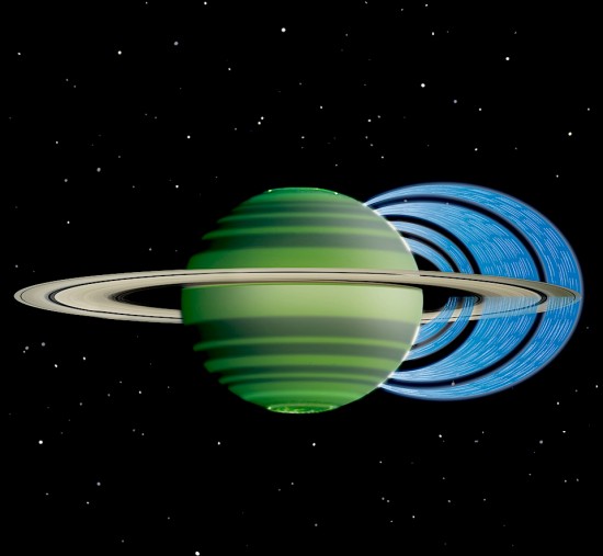 Artist conception of charged water molecules interacting with Saturn's ionosphere. Credit: NASA/JPL-Caltech/Space Science Institute/University of Leicester.