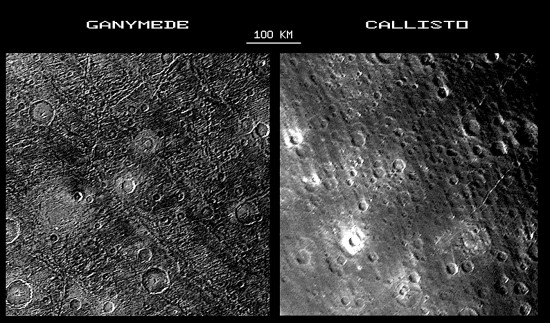 Comparing Ganymede and Callisto. The straight lines versus the swirls on Ganymede indicate that Ganymede has an intrinsic magnetic field, while Callisto does not. Credit: NASA/JPL