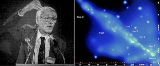 (L) Bostick speaking at a conference of the Schiller Institute (November 1984). © Stuart Lewis. (R) Adaptively smoothed, co-added image in the 0.4-2.5 keV bandpass of the Centaurus A jet. North is up and east is to the left. The unusual doughnut shape of the nucleus to the southwest is caused by pileup in the ACIS detector. Each of the knots previously detected by Einstein and ROSAT has been clearly resolved into several distinct subknots and enhancements embedded within diffuse extended emissions. Courtesy Kraft et al. (2002). [16: 59 Fig. 4]