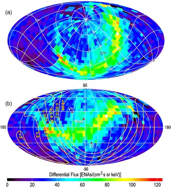 IBEX map of ENAs at the edge of the Solar System. Credit: S. Grzedzielski, M. Bzowski, A. Czechowski, H. O. Funsten, D. J. McComas, and N. A. Schwadron.